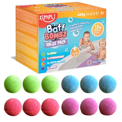 12 x Bath Bombs from Zimpli Kids, Moisturizing Spa Bath Bombs Gift Set, Birthday Present for Children, Party Bag Fillers Favours, Rewards, Organic &