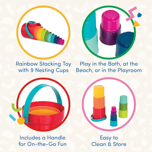 Battat BT4711Z 10 pcs ? Plastic Nesting Bucket with Carry Handle ? Water & Sand ? Colourful Toy Set for Toddlers ? Stack Up Cups ? 18 Months +,