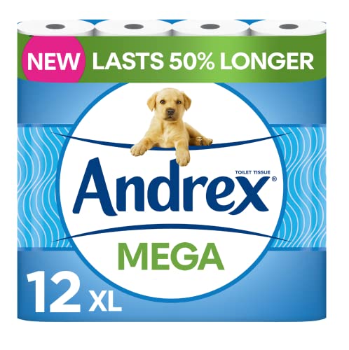 Andrex Classic Clean Mega Toilet Roll - 12 Mega XL Rolls - Same Quality Toilet Roll, Lasts Even Longer, 12 Mega Toilet Rolls = 18 Standard Toilet