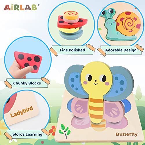 Airlab Wooden Jigsaw Puzzle for Kids, Garden Animals Chunky Shape Puzzles for Toddlers Over 1 2 3 Year Olds, Baby Montessori Preschool Educational