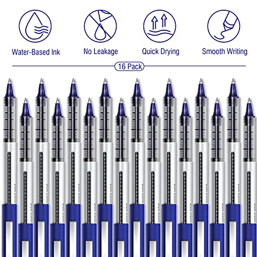 AKARUED Rollerball Pens 16 Pack Blue Gel Pens, 0.5mm Liquid Ink Rollerball Pen, Quick-Drying Ballpoint Pens Writing Pens for Bullet Journal, Notebook.