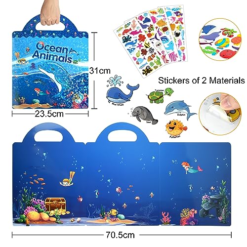ASTARON Reusable 3D Puffy Sticker Book for Kids, 88 Pcs Cute Waterproof Ocean Animals Stickers, Puffy Sticker Game Travel Stickers and Educational
