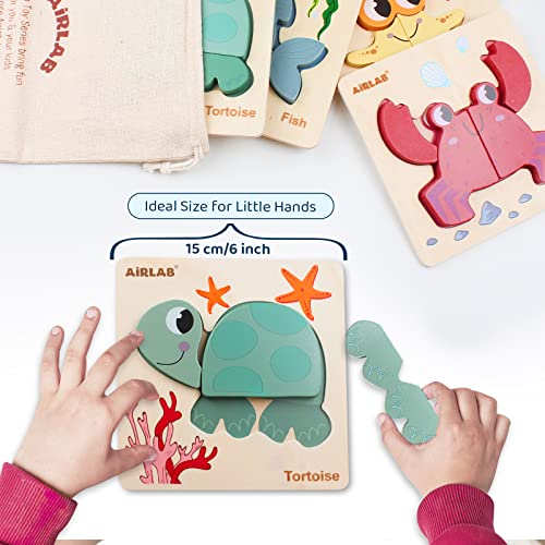 Airlab Wooden Puzzles for Toddlers, Ocean Animals Montessori Toys for Over 1 2 3+ Years Old Baby Girl Boy Gifts Educational Learning 4 Animal Patterns