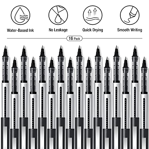 AKARUED Rollerball Pens 16 Pack Black Gel Pens, 0.5mm Liquid Ink Rollerball Pen, Quick-Drying Ballpoint Pens Writing Pens for Bullet Journal,