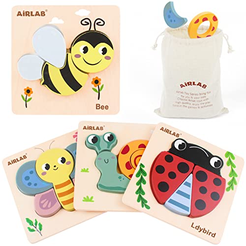 Airlab Wooden Jigsaw Puzzle for Kids, Garden Animals Chunky Shape Puzzles for Toddlers Over 1 2 3 Year Olds, Baby Montessori Preschool Educational