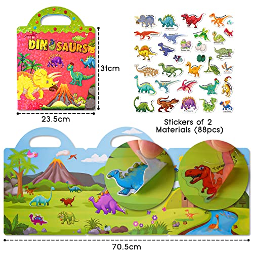 ASTARON 3D Puffy Sticker Book for Kids,88 Pcs Reusable Dinosaurs Jelly Stickers for Toddlers,Puffy Sticker Game Travel Stickers and Educational