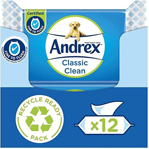 Andrex Classic Clean Washlets - 12 Packs - Flushable Toilet Tissue Wet Wipes with Micellar Water - Biodegradable & Plastic-Free - Use with regular