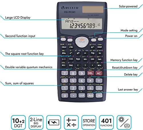 Scientific Calculator, Engineering Scientific Calculator with Solar Power. 401 Function, 2-Line LCD Display - Suitable for School Students, Teachers