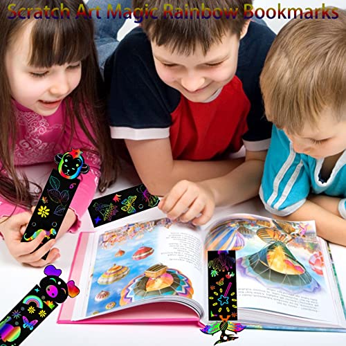 Animal Scratch Art for Kids, 48Pcs Magic Rainbow Bookmarks for Children, Scratch Art Party Bag Fillers, Craft DIY Scratch Paper Art Tags with Wooden