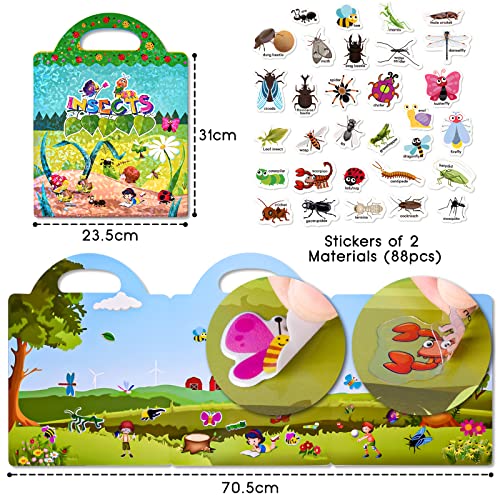 ASTARON Reusable 3D Puffy Sticker Book for Kids 3-6, Cute Waterproof Insects Stickers 88 Pcs,Puffy Sticker Game Travel Stickers and Educational
