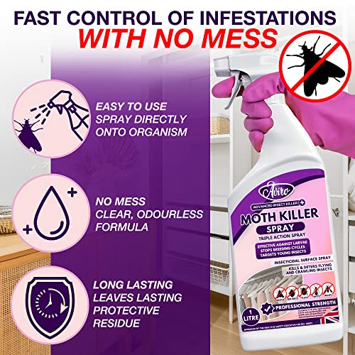Aviro Moth Killer Spray (1 Litre) - Fast Acting Moth Repellent Killer For Carpet Moth Treatment. Professional Strength Moth Repellent For Wardrobes
