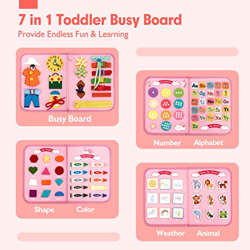 7-in-1 Busy Board Toddlers Toys for 3 Year Old Girls- Alphabet/ Numbers/ Colors/ Shapes/ Animals/ Weather for Basic Life Fine Motor Skills-Preschool