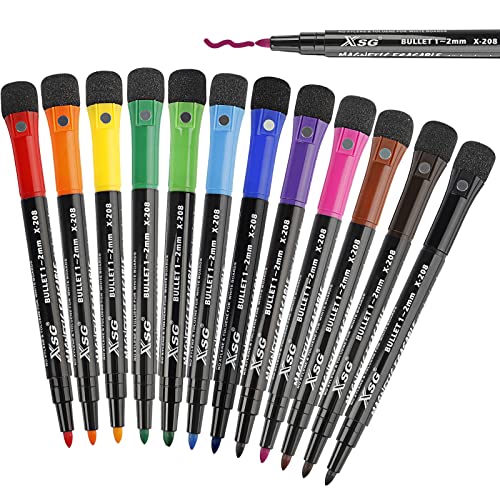 ABEIER whiteboard markers whiteboard pens:12 Magnetic Whiteboard Pens and Eraser set, 12 Colors Fine Tip Whiteboard Markers, Low-Odor, Non-Toxic Fine