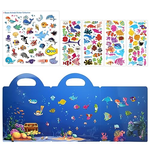 ASTARON Reusable 3D Puffy Sticker Book for Kids, 88 Pcs Cute Waterproof Ocean Animals Stickers, Puffy Sticker Game Travel Stickers and Educational