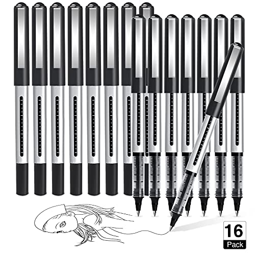 AKARUED Rollerball Pens 16 Pack Black Gel Pens, 0.5mm Liquid Ink Rollerball Pen, Quick-Drying Ballpoint Pens Writing Pens for Bullet Journal,