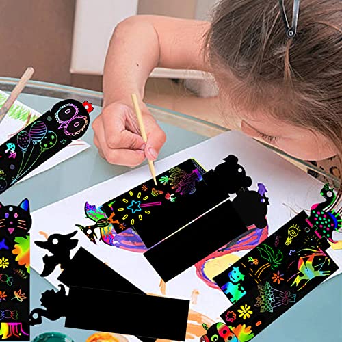Animal Scratch Art for Kids, 48Pcs Magic Rainbow Bookmarks for Children, Scratch Art Party Bag Fillers, Craft DIY Scratch Paper Art Tags with Wooden