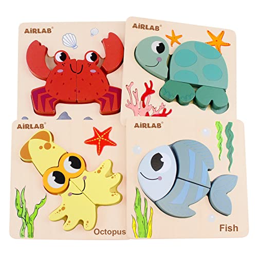 Airlab Wooden Puzzles for Toddlers, Ocean Animals Montessori Toys for Over 1 2 3+ Years Old Baby Girl Boy Gifts Educational Learning 4 Animal Patterns