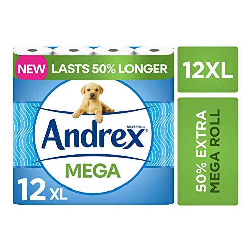 Andrex Classic Clean Mega Toilet Roll - 12 Mega XL Rolls - Same Quality Toilet Roll, Lasts Even Longer, 12 Mega Toilet Rolls = 18 Standard Toilet