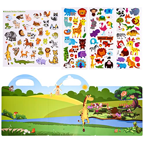 ASTARON 3D Sticker Scenes Book for Kids,88 Pcs Reusable Animals Jelly Stickers for Toddlers, Puffy Sticker Game Educational Sensory Learning Toy,