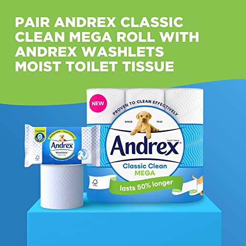 Andrex Classic Clean Mega Toilet Roll - 12 Mega XL Rolls - Same Quality Toilet Roll, Lasts Even Longer, 12 Mega Toilet Rolls = 18 Standard Toilet