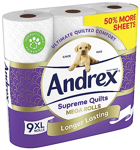 Andrex Supreme Quilts Mega Toilet Roll - 9 Mega Rolls (13.5 Standard Toilet Rolls), 3-ply Quilted Toilet Paper, 25% Thicker Paper than Before to