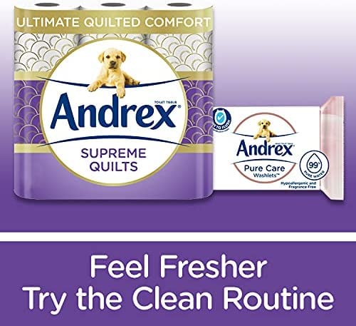 Andrex Supreme Quilts Quilted Toilet Paper - Toilet Roll Pack - 25% Thicker Than Before to Provide Ultimate Quilted Comfort with Unique Air Pocket