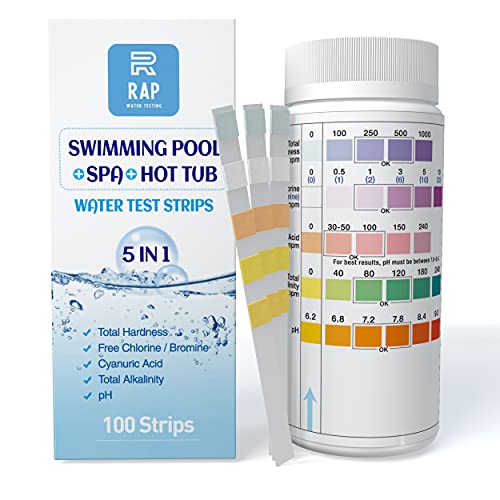 5 in 1 Water quality testing strips for hot tubs, swimming pools or spas. Easy, accurate and quick detection of pH, Free Chlorine/Bromine, Total