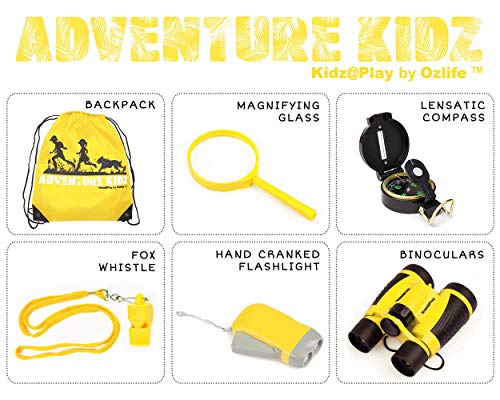 Adventure Kid Outdoor Exploration Kit, Yellow Backpack, Binoculars, Magnifying Glass, Lensatic Compass, Torch, Fox Whistle for Boys and Girls