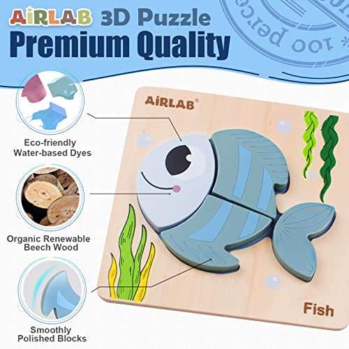 Airlab Wooden Puzzles for Toddlers, Ocean Animals Montessori Toys for Over 1 2 3+ Years Old Baby Girl Boy Gifts Educational Learning 4 Animal Patterns