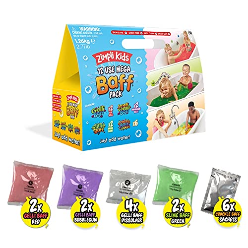 12 Use Mega Value Baff Pack from Zimpli Kids, 4 x Gelli Baff, 2 x Slime Baff & 6 x Crackle Baff, Children's Sensory & Bath Toy, Birthday Presents for
