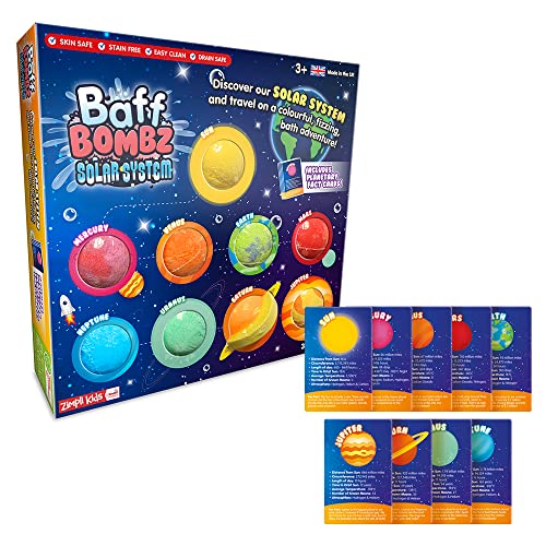 9 x Solar System Bath Bombs Gift Set, 9 x Planetary Fact Cards, Educational Planet Bath Bombs for Children, Science Kits for Boys & Girls, Bath Toy