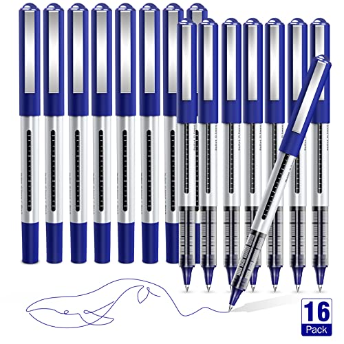 AKARUED Rollerball Pens 16 Pack Blue Gel Pens, 0.5mm Liquid Ink Rollerball Pen, Quick-Drying Ballpoint Pens Writing Pens for Bullet Journal, Notebook.