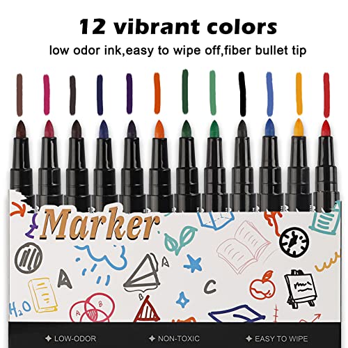 ABEIER whiteboard markers whiteboard pens:12 Magnetic Whiteboard Pens and Eraser set, 12 Colors Fine Tip Whiteboard Markers, Low-Odor, Non-Toxic Fine