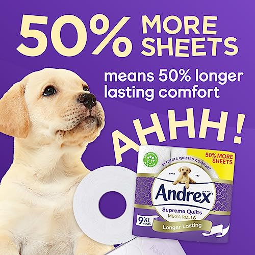 Andrex Supreme Quilts Mega Toilet Roll - 9 Mega Rolls (13.5 Standard Toilet Rolls), 3-ply Quilted Toilet Paper, 25% Thicker Paper than Before to