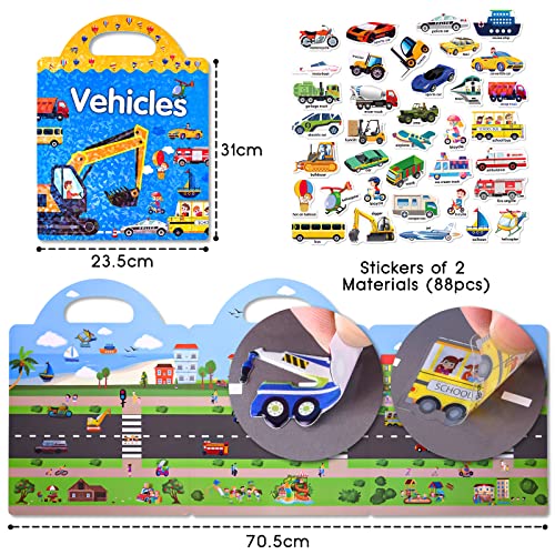 ASTARON Reusable 3D Puffy Sticker Book for Kids, 88 Pcs Cute Waterproof Vehicles Stickers,Puffy Sticker Game Travel Stickers and Educational Sensory