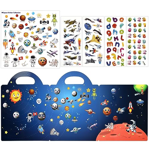 ASTARON 3D Sticker Scenes Book for Kids, 88 Pcs Reusable Space Jelly Stickers for Toddlers, Puffy Sticker Game Educational Sensory Learning Toy, Party
