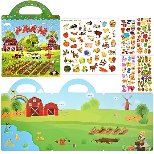 ASTARON Reusable 3D Puffy Sticker Book for Kids 3-6, Cute Waterproof Farm Harvest Stickers 88 Pcs, Puffy Sticker Game Travel Stickers and Educational