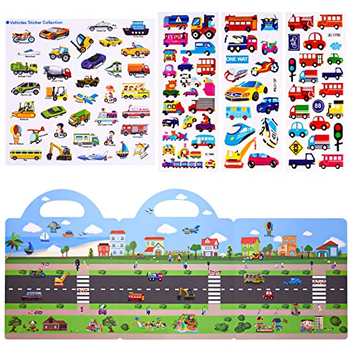 ASTARON Reusable 3D Puffy Sticker Book for Kids, 88 Pcs Cute Waterproof Vehicles Stickers,Puffy Sticker Game Travel Stickers and Educational Sensory