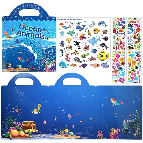 ASTARON Reusable 3D Puffy Sticker Book for Kids, 88 Pcs Cute Waterproof Ocean Animals Stickers, Puffy Sticker Game Travel Stickers and Educational