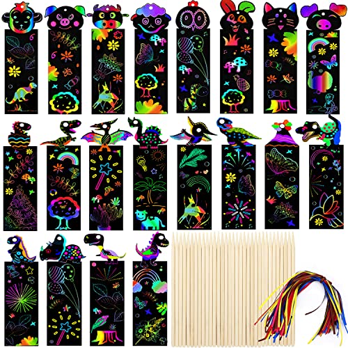 Animal Scratch Art for Kids, 48Pcs Magic Rainbow Bookmarks for Children, Scratch Art Party Bag Fillers, Craft DIY Scratch Paper Art Tags with Wooden