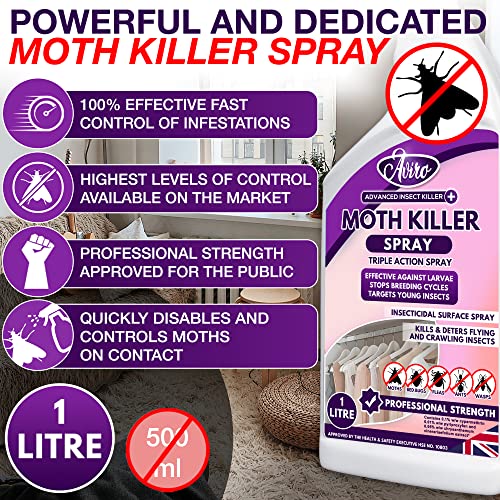 Aviro Moth Killer Spray (1 Litre) - Fast Acting Moth Repellent Killer For Carpet Moth Treatment. Professional Strength Moth Repellent For Wardrobes