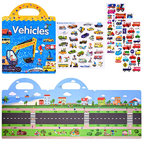 ASTARON Reusable 3D Puffy Sticker Book for Kids, 88 Pcs Cute Waterproof Vehicles Stickers,Puffy Sticker Game Travel Stickers and Educational Sensory