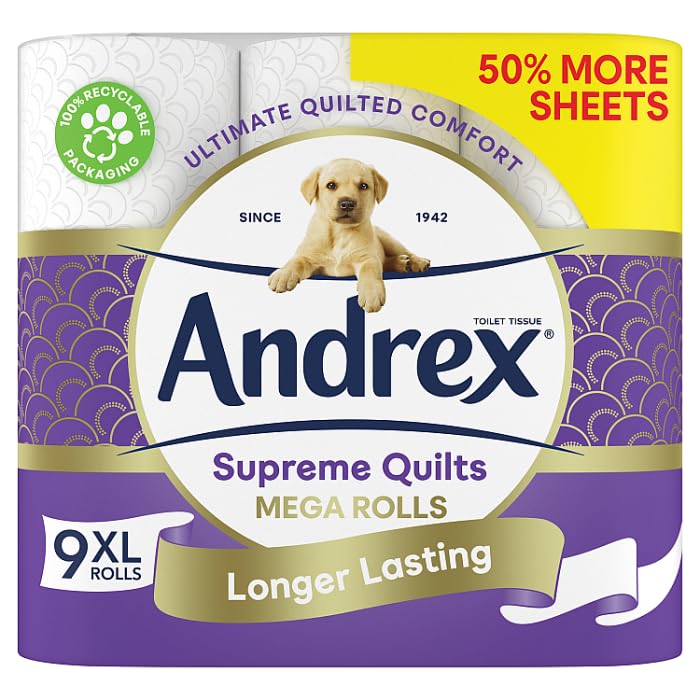 Andrex Supreme Quilts Mega Toilet Roll - 9 Mega Rolls (13.5 Standard Toilet Rolls), 3-ply Quilted Toilet Paper, 25% Thicker Paper than Before to