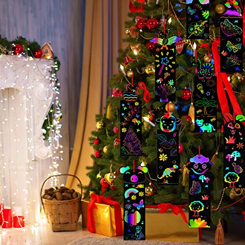 Animal Scratch Art for Kids, 48Pcs Magic Rainbow Bookmarks for Children, Scratch Art Party Bag Fillers, Craft DIY Scratch Paper Art Tags with Wooden