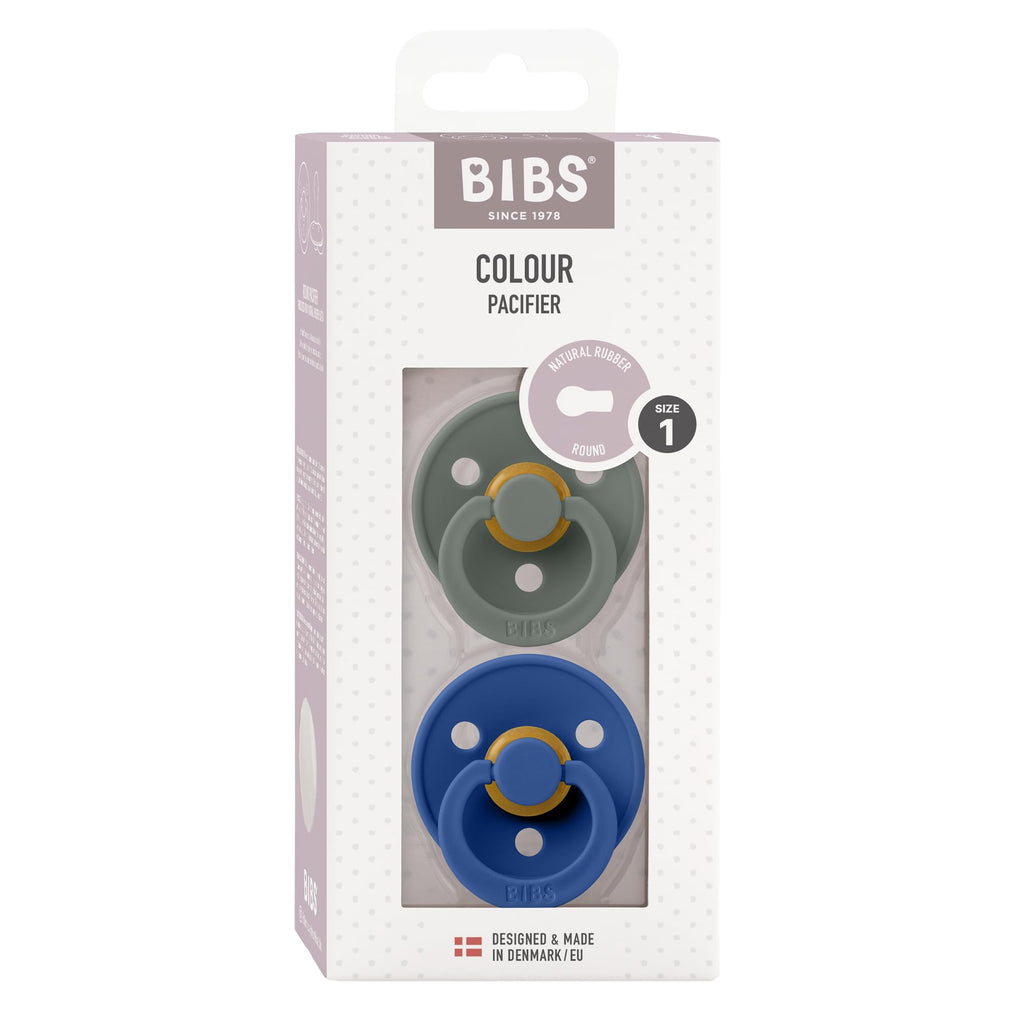 BIBS Colour Soother 2-Pack, BPA Free Dummy Pacifier, Round Nipple. Natural Rubber Latex, Made in Denmark, Size 1 (0-6 Months), Pine/Cornflower