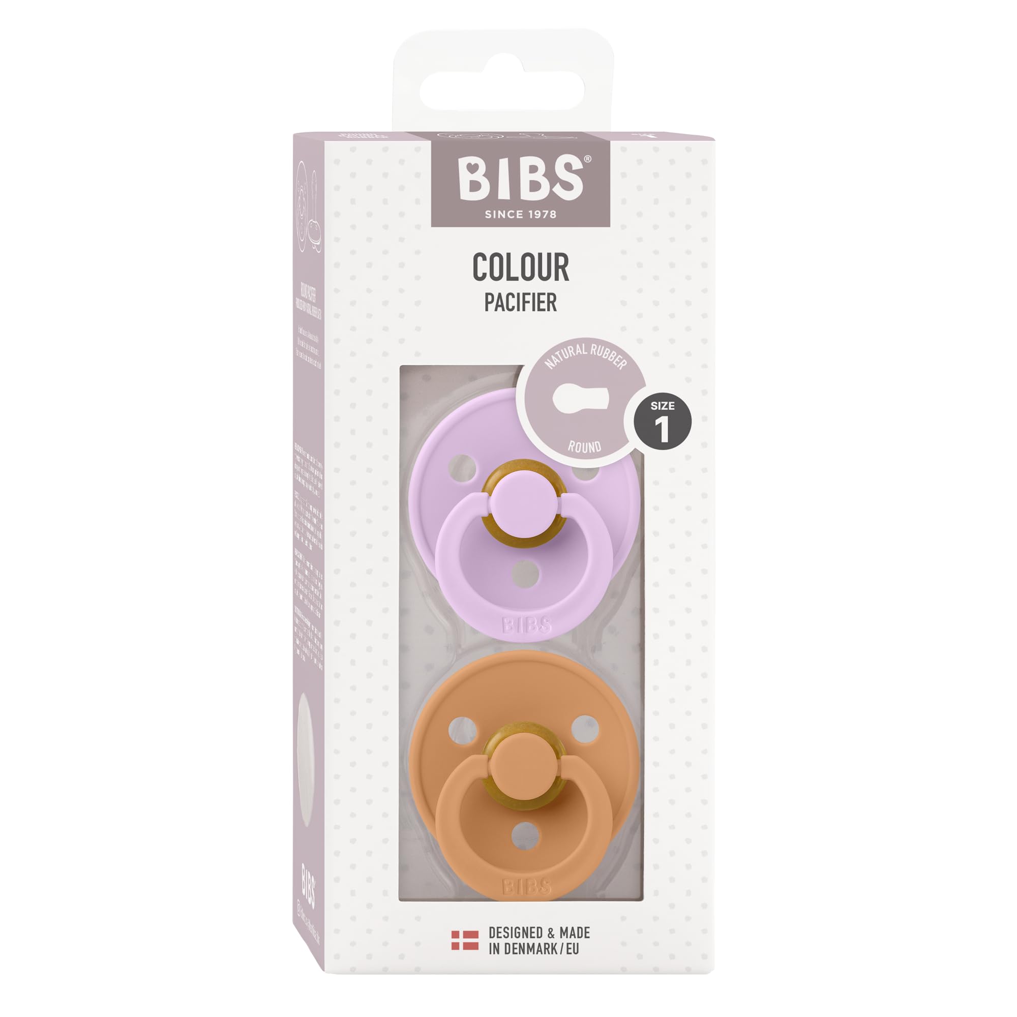 BIBS Colour Soother 2-Pack, BPA Free Dummy Pacifier, Round Nipple. Natural Rubber Latex, Made in Denmark, Size 1 (0-6 Months), Violet Sky/Pumpkin