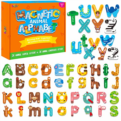 52 Magnetic Alphabet, 26 Uppercase & 26 Lowercase Letters, Adorable Animal Shape Alphabet ABC Magnets for Fridge Educational Spelling Learning Games