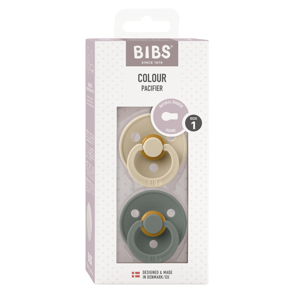 BIBS Colour Soother 2-Pack, BPA Free Dummy Pacifier, Round Nipple. Natural Rubber Latex, Made in Denmark, Size 1 (0-6 Months), Vanilla/Pine