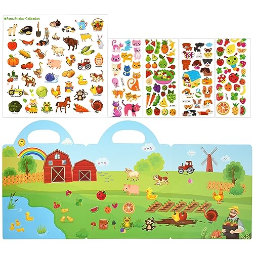 ASTARON Reusable 3D Puffy Sticker Book for Kids 3-6, Cute Waterproof Farm Harvest Stickers 88 Pcs, Puffy Sticker Game Travel Stickers and Educational