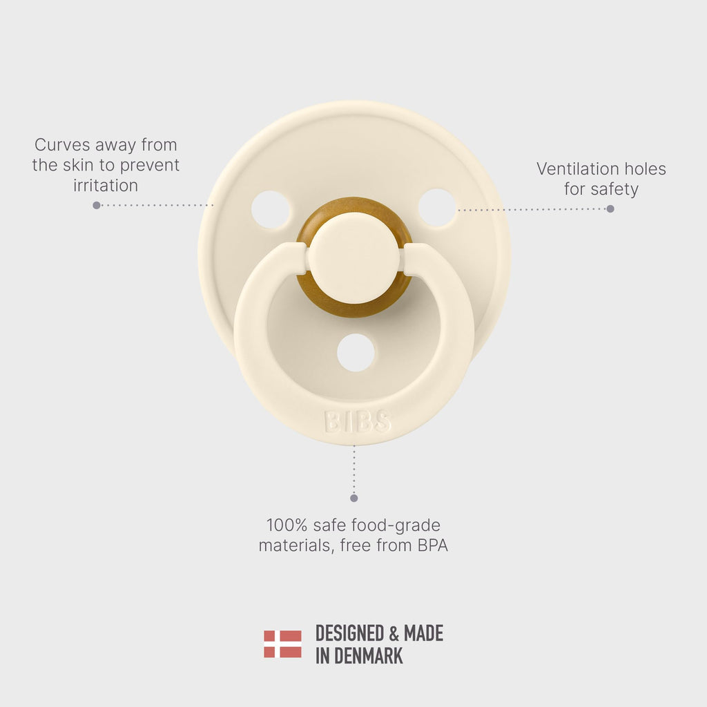 BIBS Colour Soother 2-Pack, BPA Free Dummy Pacifier, Round Nipple. Natural Rubber Latex, Size 2 (6-18 Months), Honey Bee/Olive